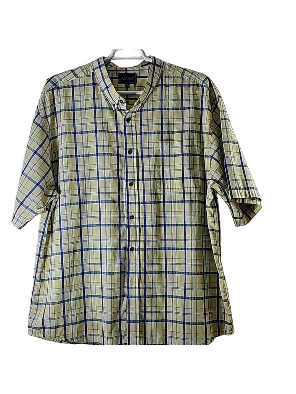 Mens Sz 3XL Yellow Plaid Short Sleeve Business Casual Button Down Shirt Nob Hill